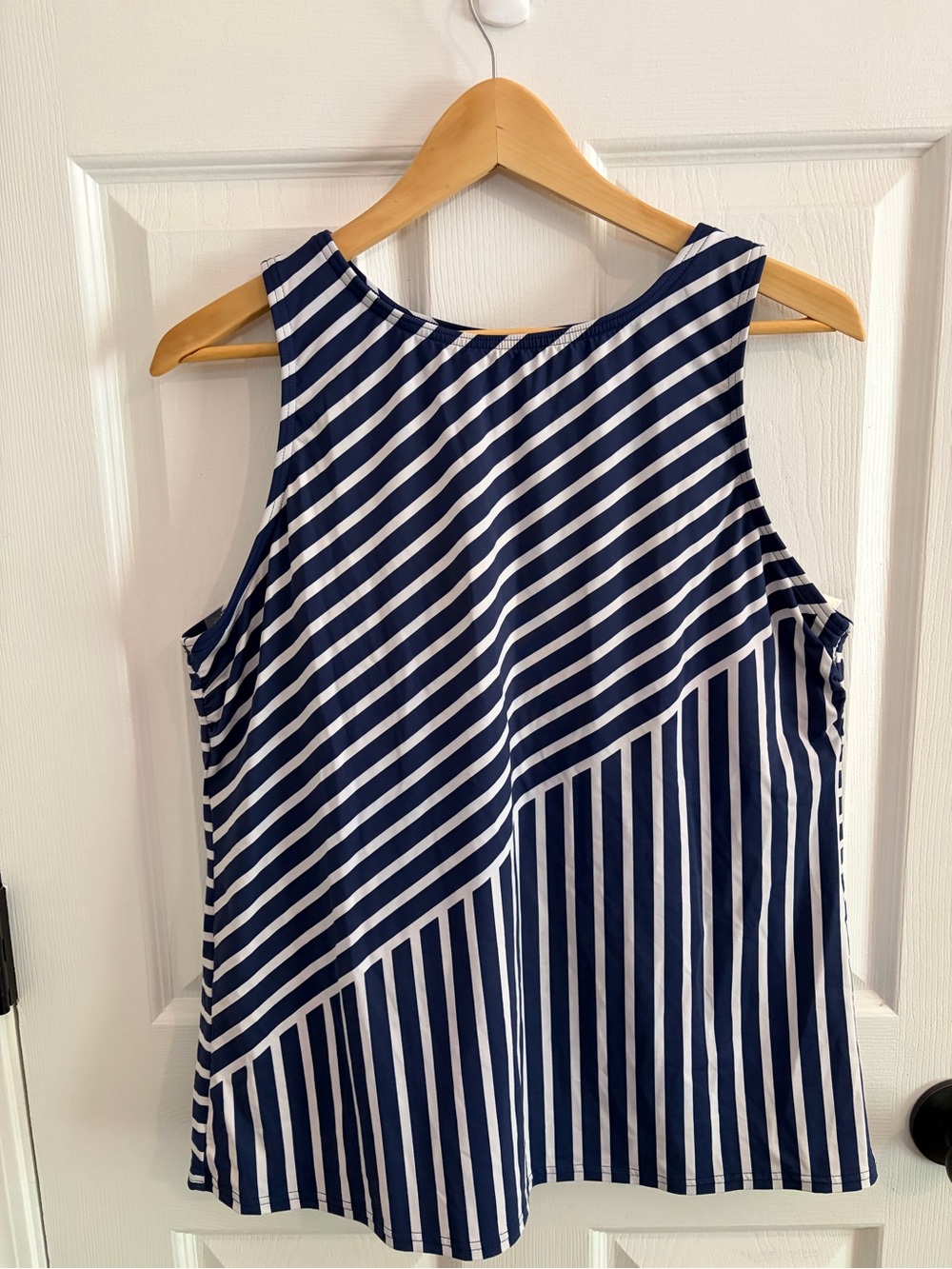 Lands' End Navy and White Diagonal-Stripe Swim Tank Top - Size 16